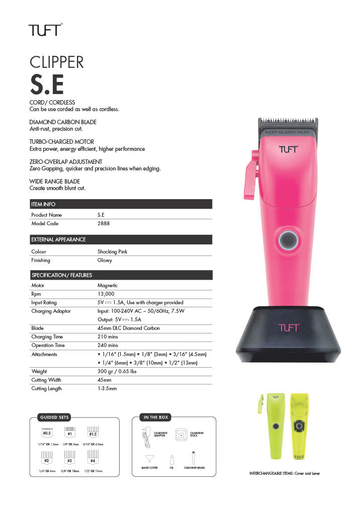 TUFT SE Professional Clipper Cordless - Pink with Lime Green Changeable Cover Limited Edition Clipper Tuft