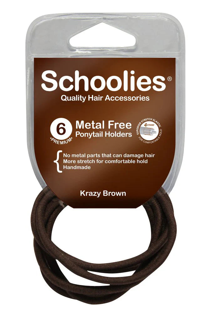 Schoolies SC467 Metal Free Ponytail Holders 6pc Krazy Brown Hair Clips- Ties - Accessories Schoolies