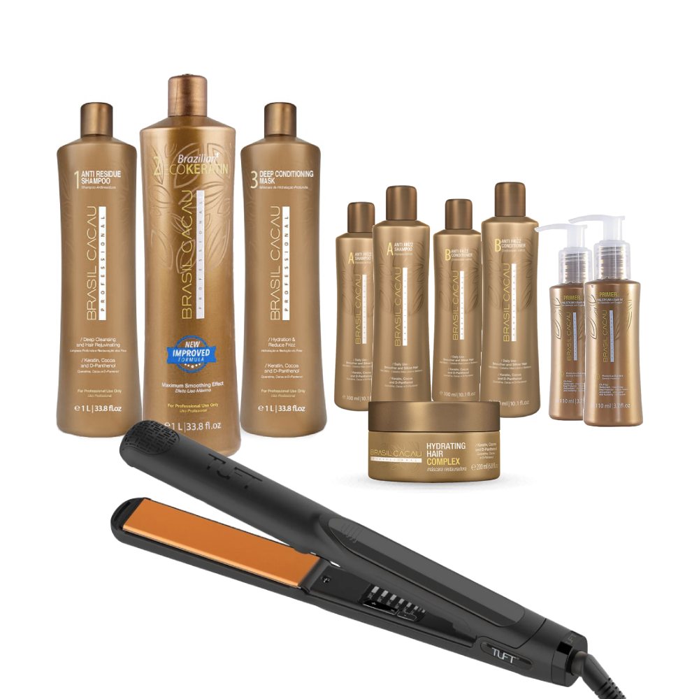 Brasil Cacau Salon Mega Kit with Black Tuft Diamond Plus 1 Inch Hair Straightener Hair Treatment Brasil Cacau