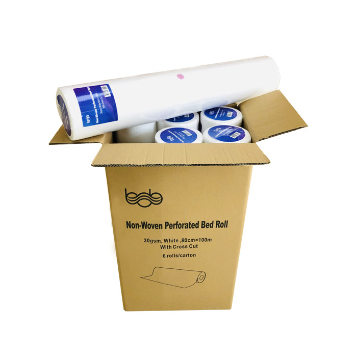 Carton of 6x Bob 100m Bed Roll Non-Woven Perforated with Crosscut White 80cm x 200cm - 300 Sheets in Total Salon - Spa Disposables Bob