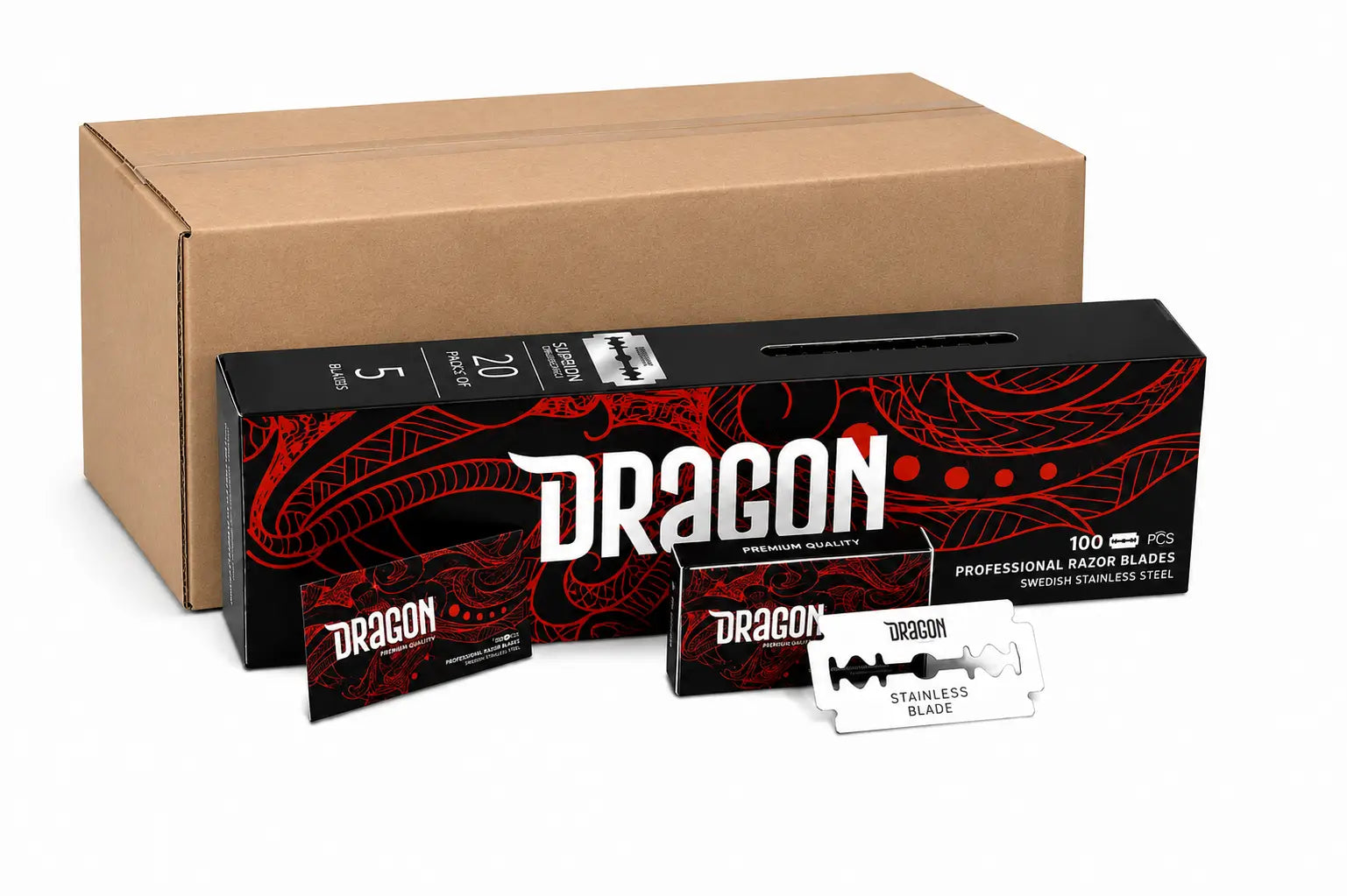 Carton of 12x Dragon Double Edge Razor Blade Refill Tower - 100 Swedish Stainless Steel Blades