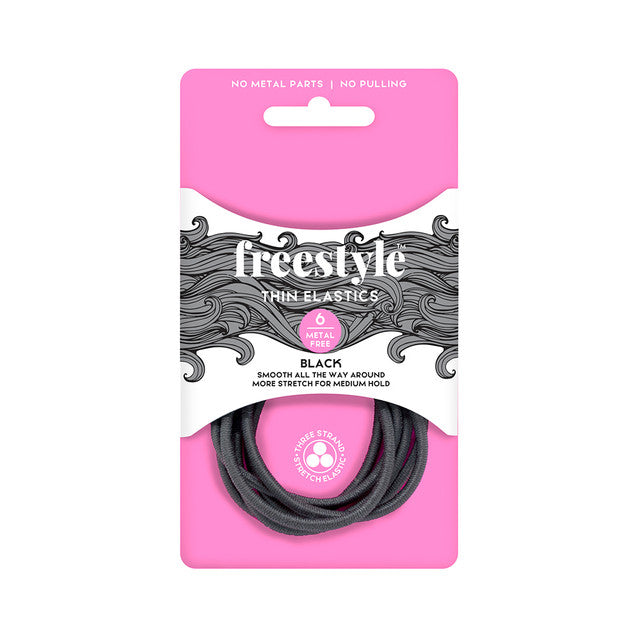 Freestyle Thin Hair Elastics Metal Free Black 6pc Hair Clips- Ties - Accessories Freestyle