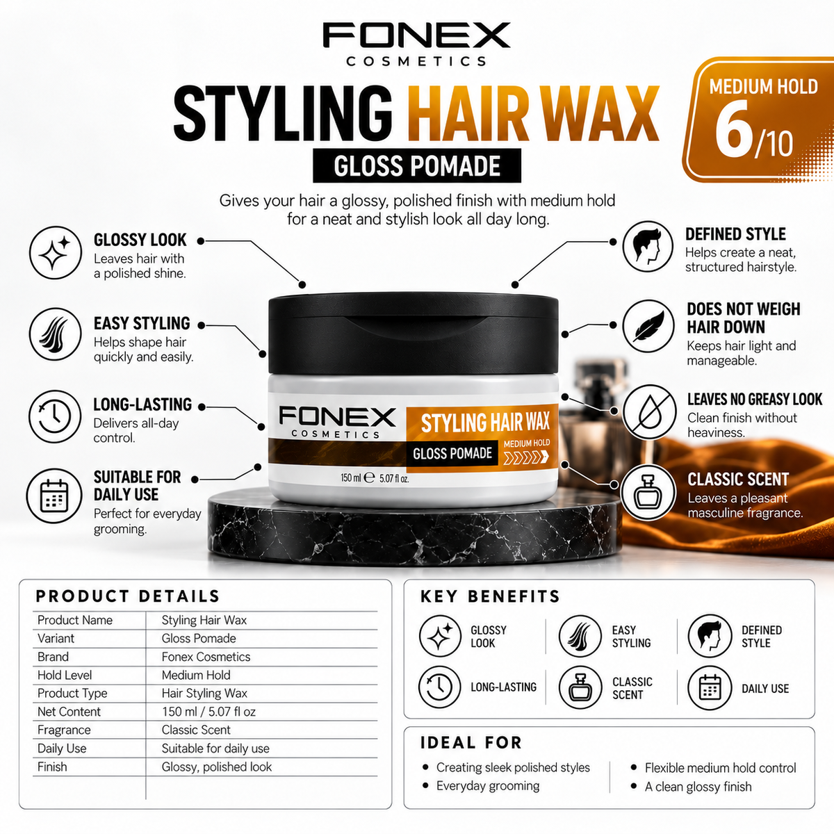 Fonex Gloss Pomade Hair Wax 150ml Strong Hold High Shine Barber Styling Hair Wax Fonex