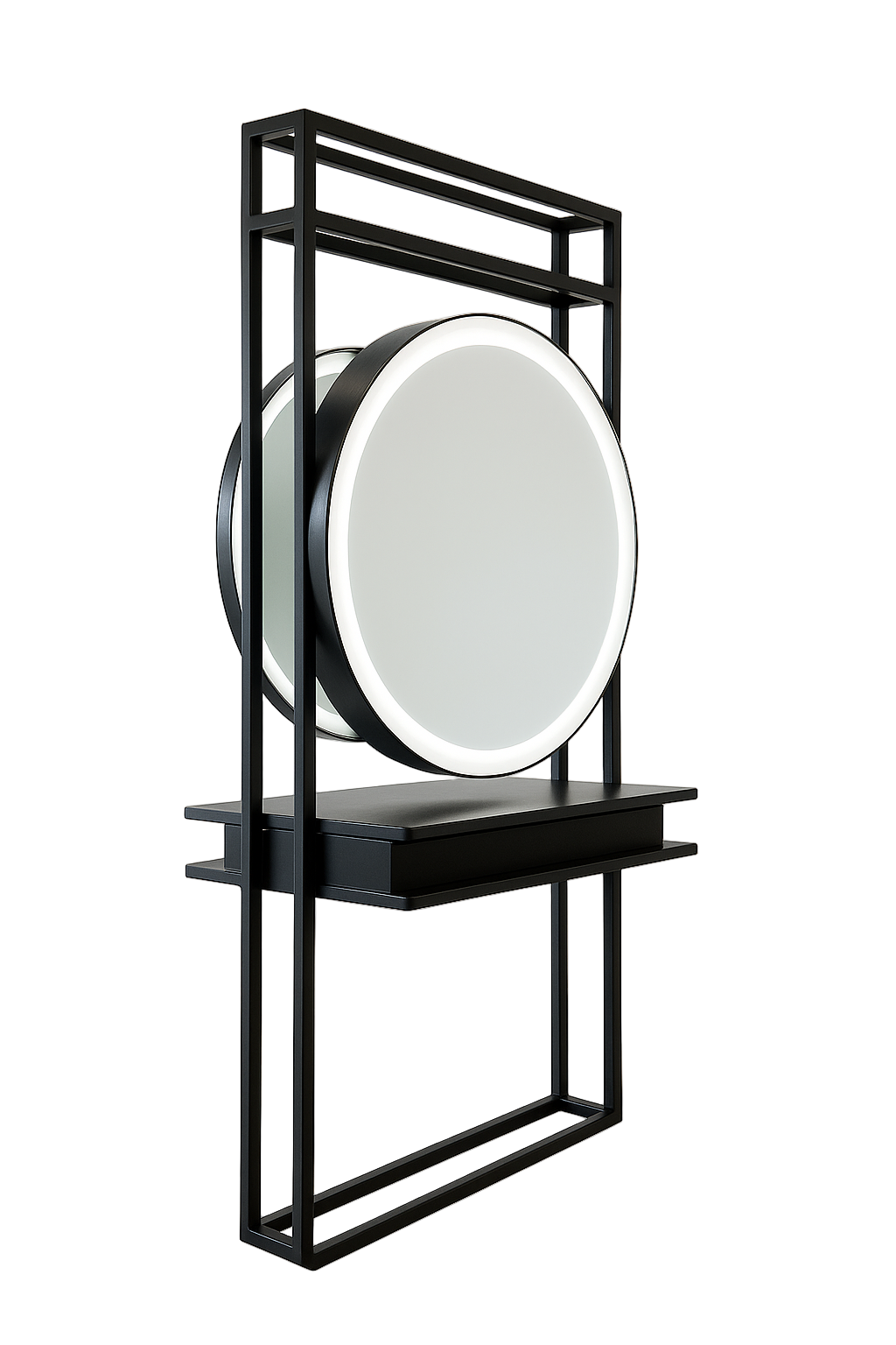 Karma Onslow Salon or Barber Shop Double Sided Complete Metal Workstation with Round Led Back-Lit Mirrors - Black 0610010619901S Workstations - Mirrors Karma