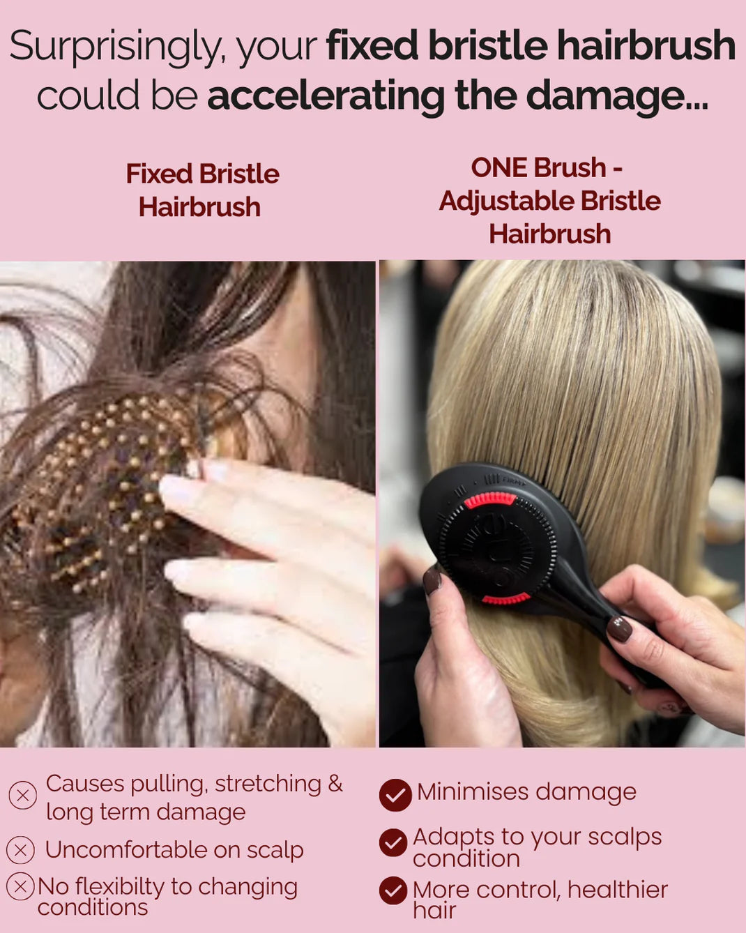 ONE PRO Hair Brush Adjustable Bristle Strength Grey - Pink Metallic Edition