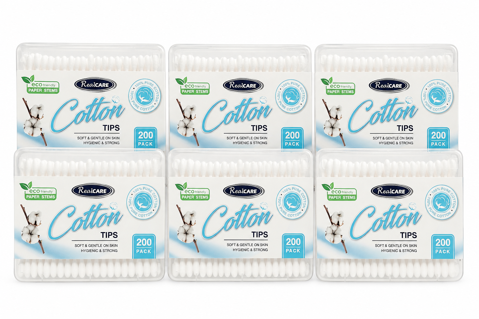 Six packs of RealCare Cotton Tips arranged in a 2x3 grid on a plain white background. Each clear plastic package contains white cotton swab tips and shows branding, a blue circular seal, and a 200-pack quantity label.