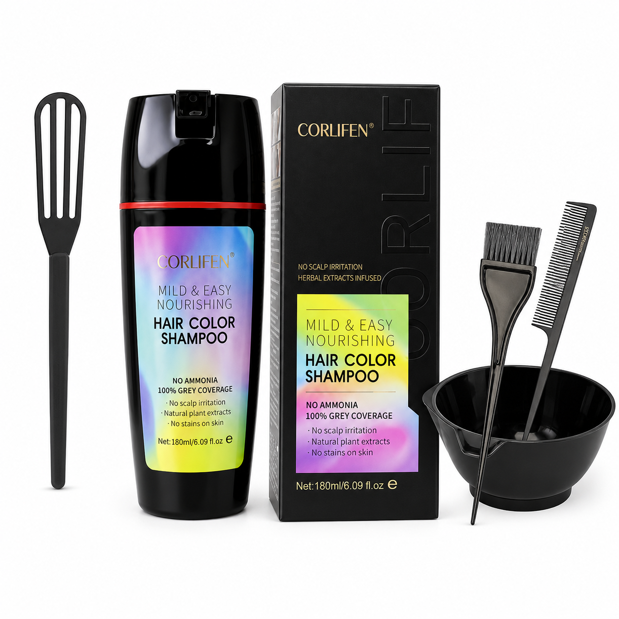 CORLIFEN Permanent Ammonia-Free Vegan Hair and Beard Colouring Shampoo Bundle - Natural Black