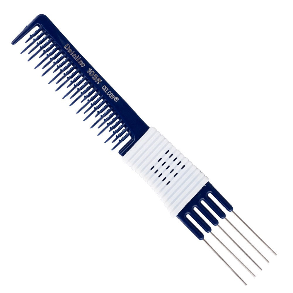 Dateline Professional Blue Celcon Teasing Comb with Rubber Grip & 5 Tails 8Inch 105R Stainless Steel Comb Dateline