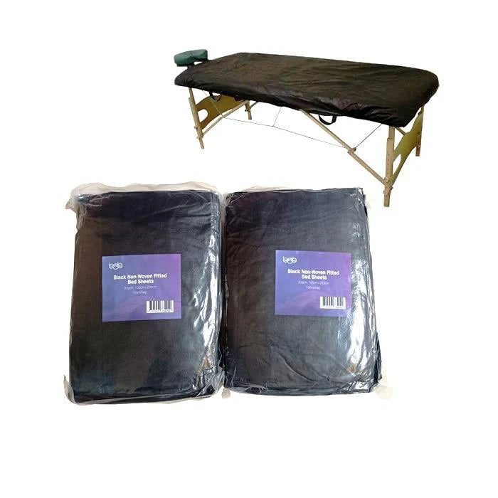 Carton of 10x Bob Fitted Bed Sheets Non-Woven Black 10pk Salon - Spa Disposables Bob
