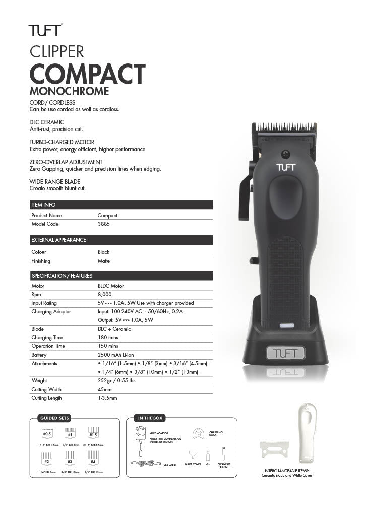 Tuft Compact Cordless Clipper- Black With White Changeable Cover Clipper Tuft