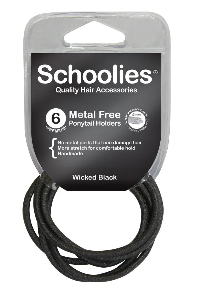 Schoolies SC468 Metal Free Ponytail Holders 6pc Wicked Black Hair Clips- Ties - Accessories Schoolies