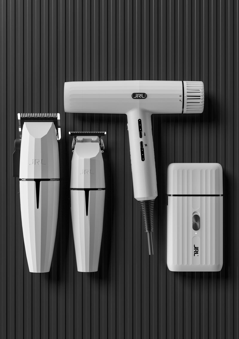 JRL Onyx White Ghost 3 Professional Clipper Trimmer Hair Dryer and Foil Quad Kit