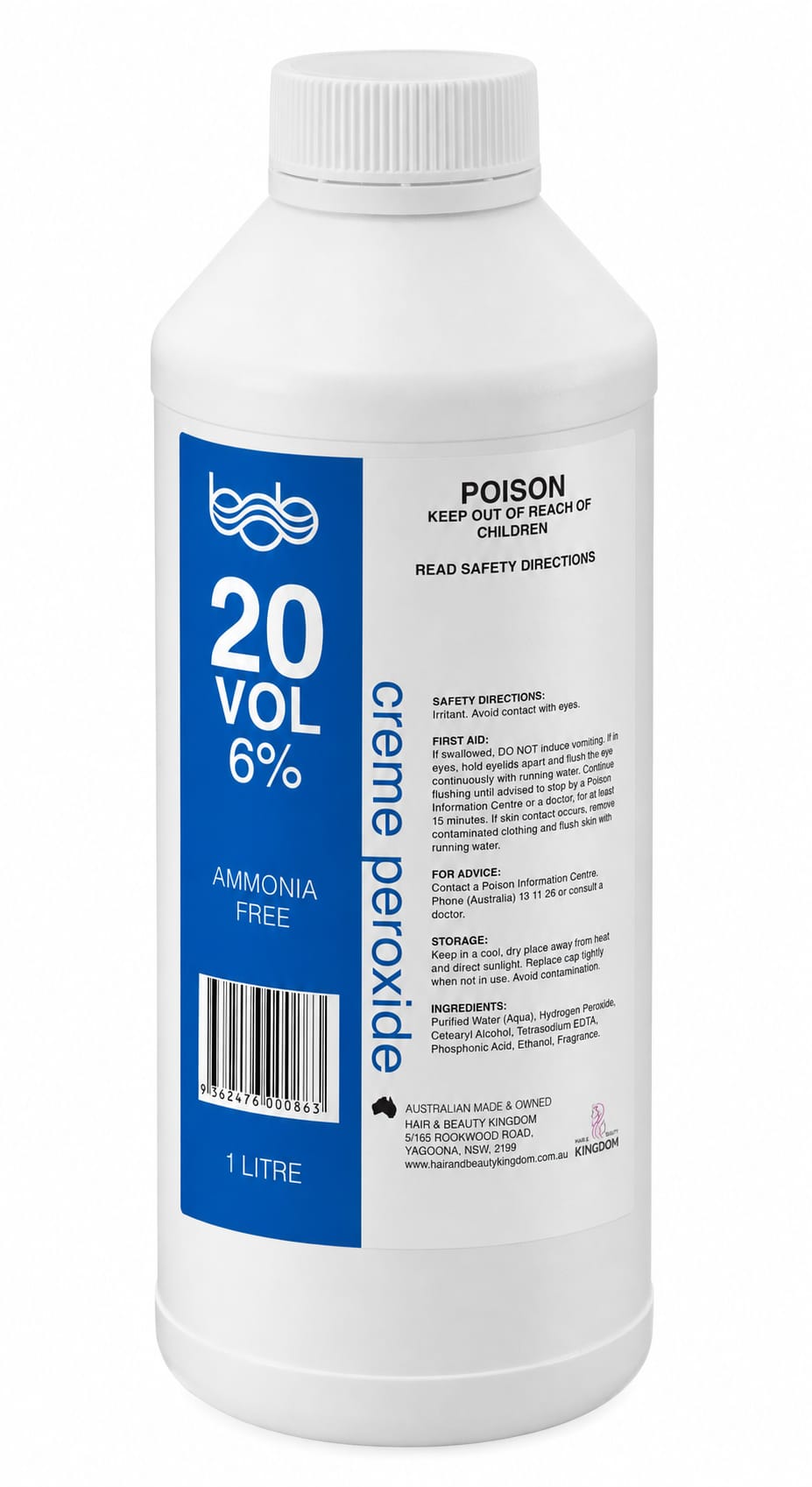 BOB Creme Developer Peroxide 1L - 20 Vol 6% Professional Salon Developer Peroxides - Developers Bob