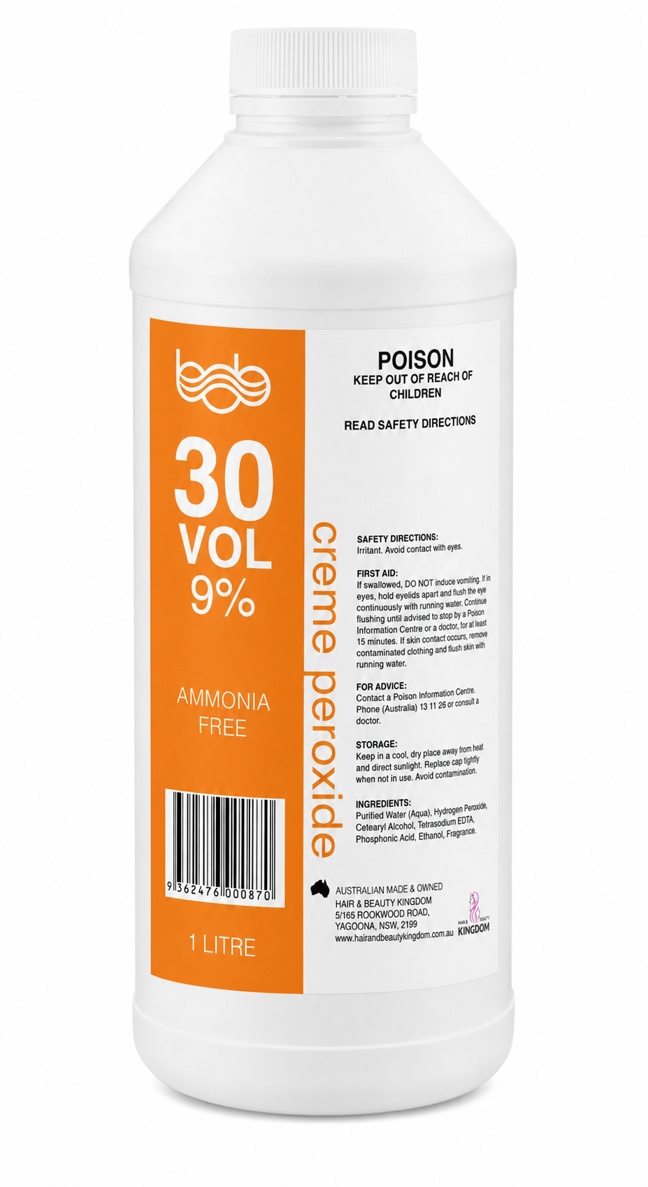 BOB Creme Developer Peroxide 1L - 30 Vol 9% Professional Salon Developer Peroxides - Developers Bob