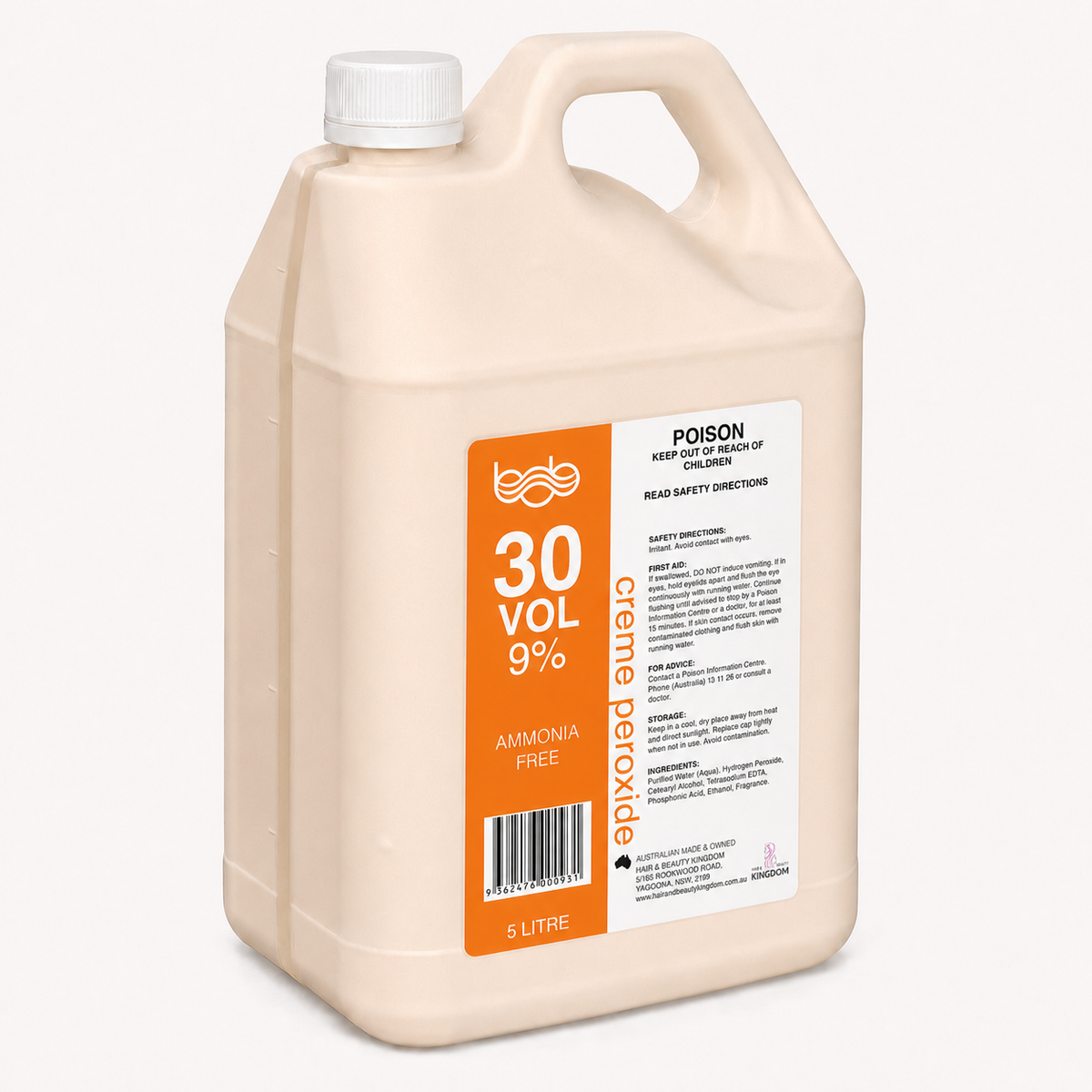 BOB Creme Developer Peroxide 5L - 30 Vol 9% Professional Salon Developer Peroxides - Developers Bob