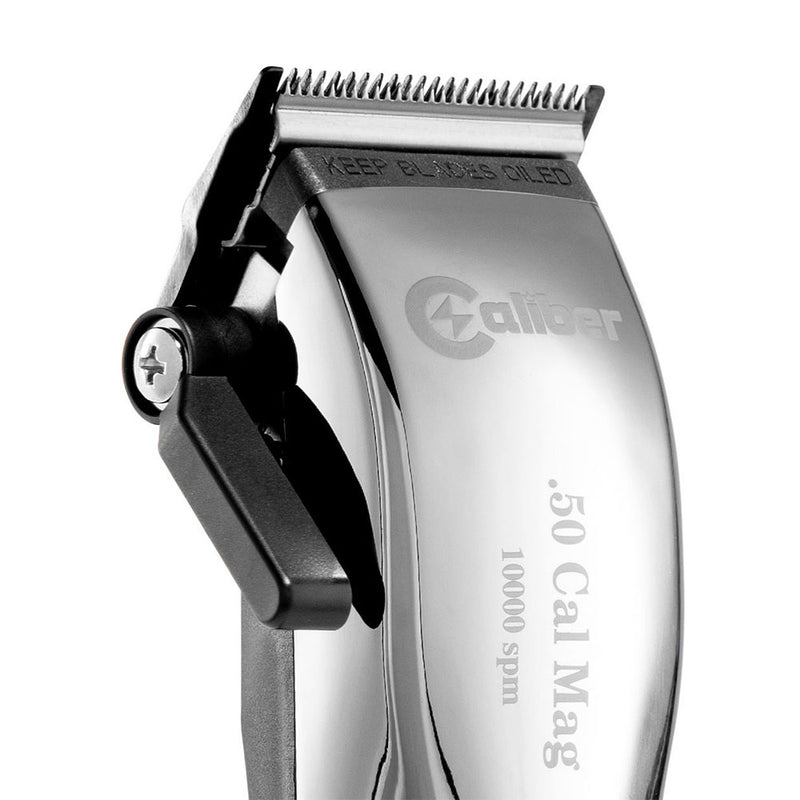Caliber .50 Cal Mag Cordless Clipper Silver with Charging Dock (Gen 3) Blade Close Up