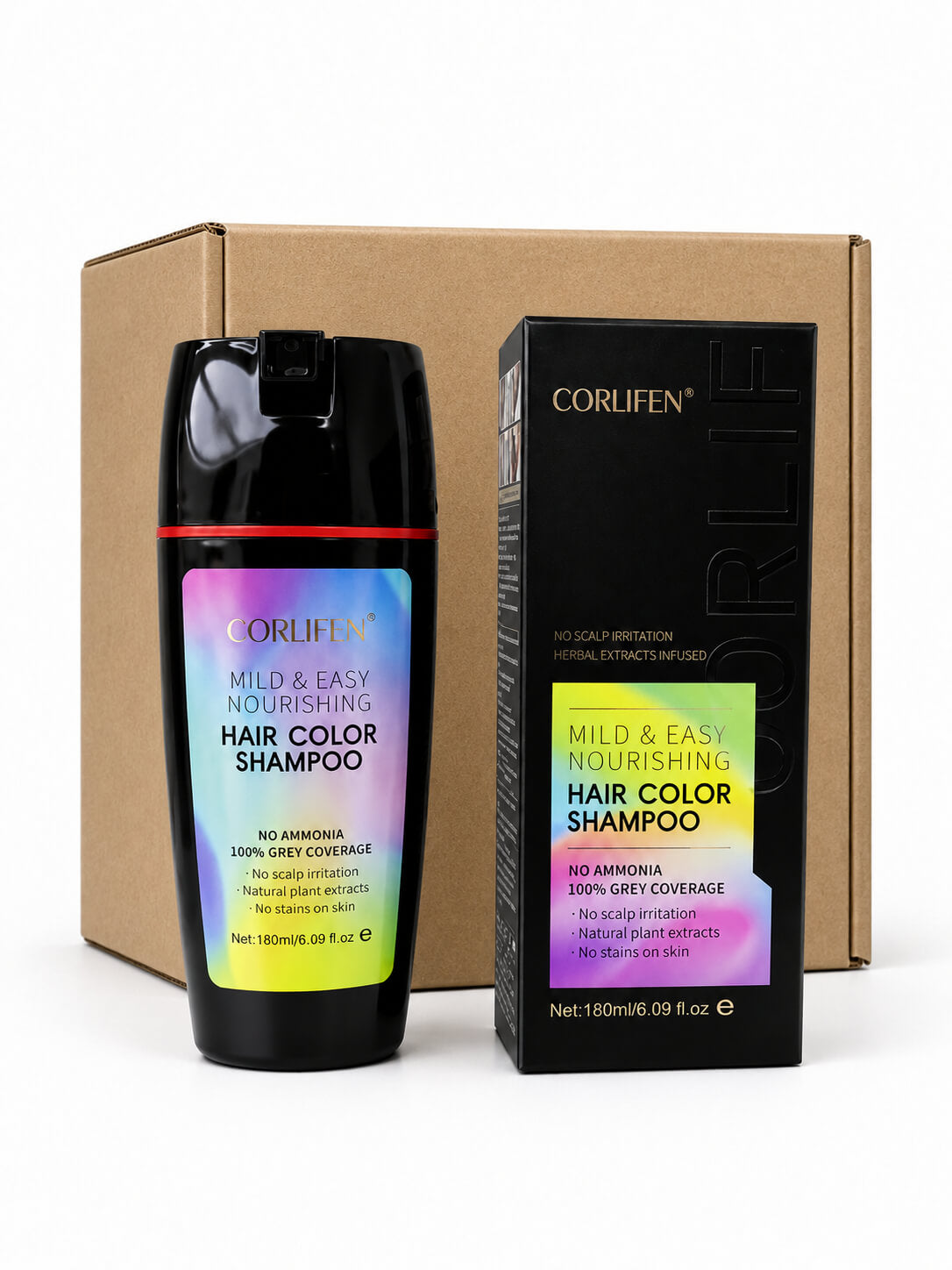Carton of 12x CORLIFEN Permanent Ammonia-Free Vegan Hair and Beard Colouring Shampoo 180ml - Dark Brown Hair Colours - Permanent CORLIFEN