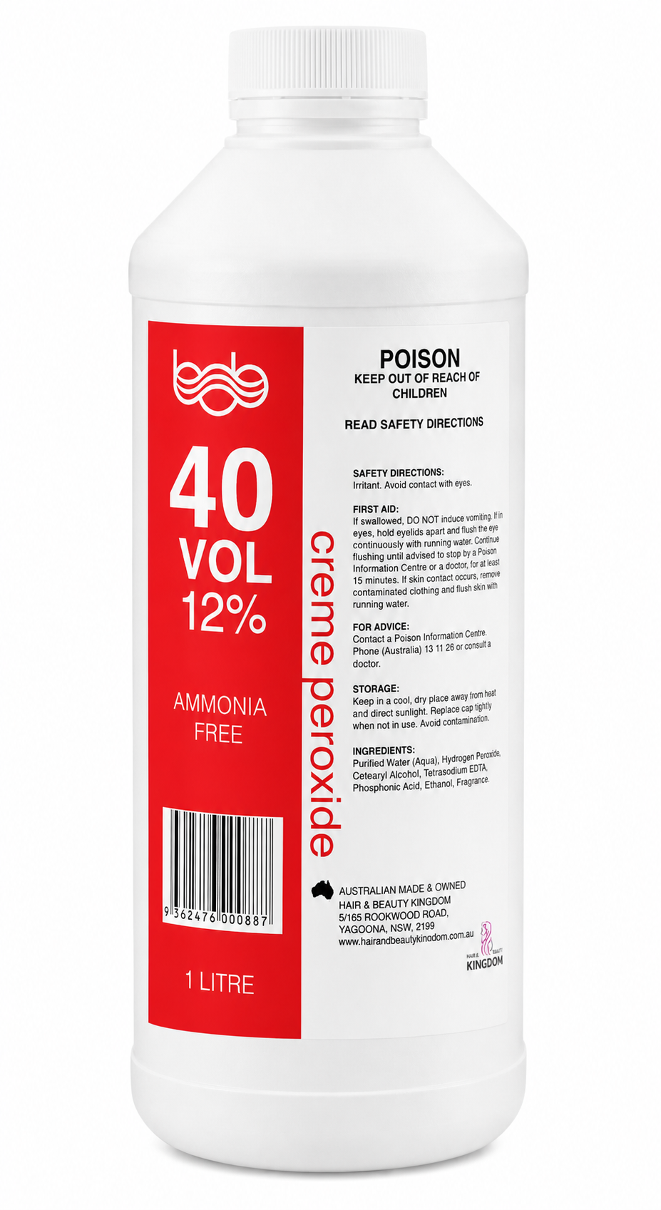 BOB Creme Developer Peroxide 1L - 40 Vol 12% Professional Salon Developer Peroxides - Developers Bob