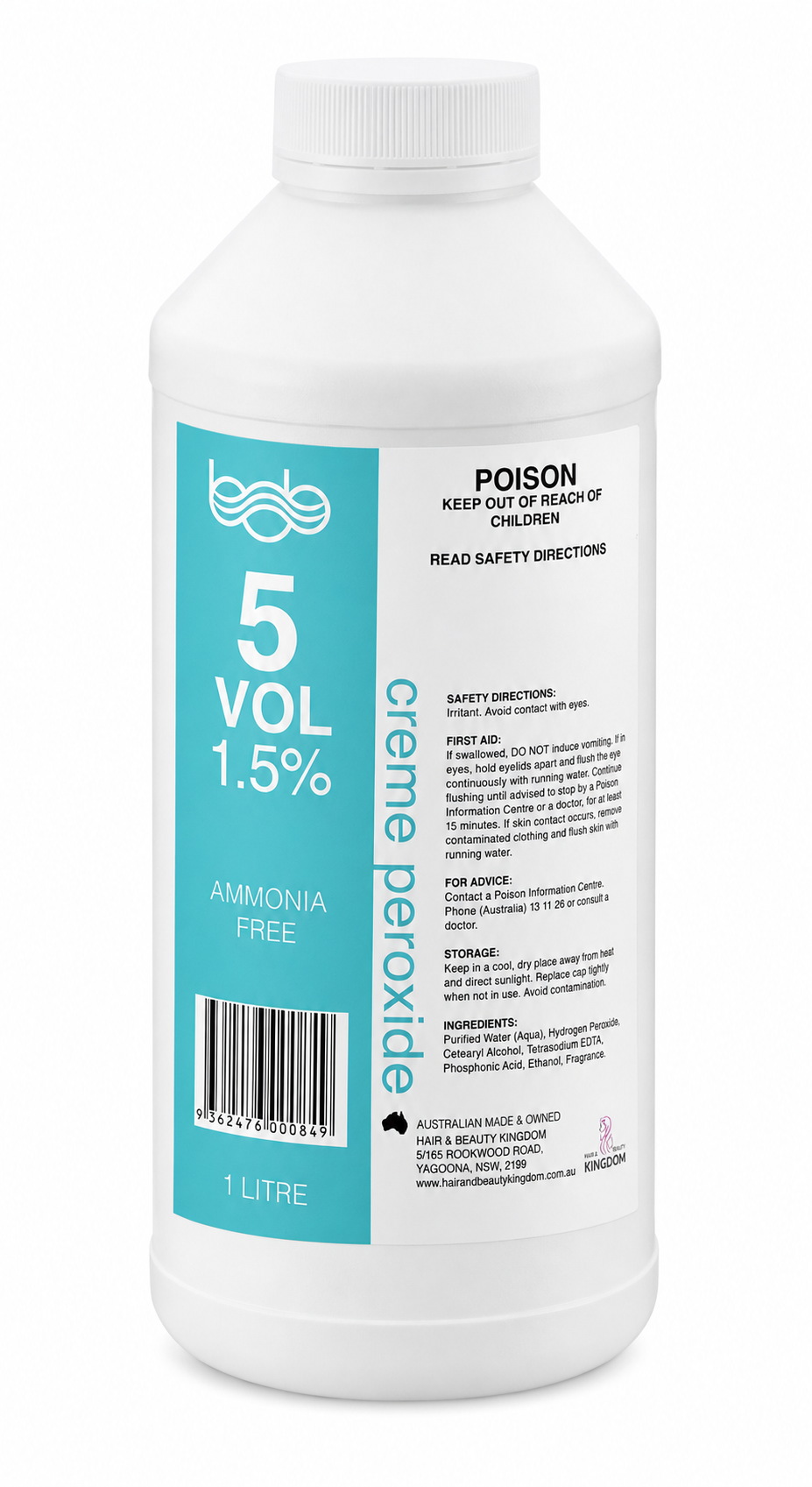 BOB Creme Developer Peroxide 1L - 5 Vol 1.5% Professional Salon Developer Peroxides - Developers Bob