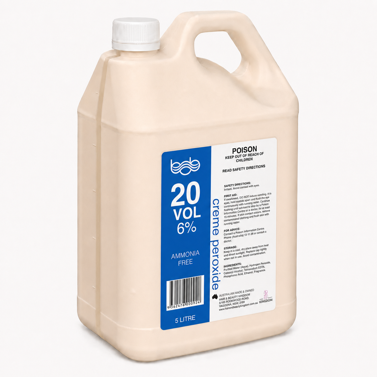 BOB Creme Developer Peroxide 5L - 20 Vol 6% Professional Salon Developer Peroxides - Developers Bob