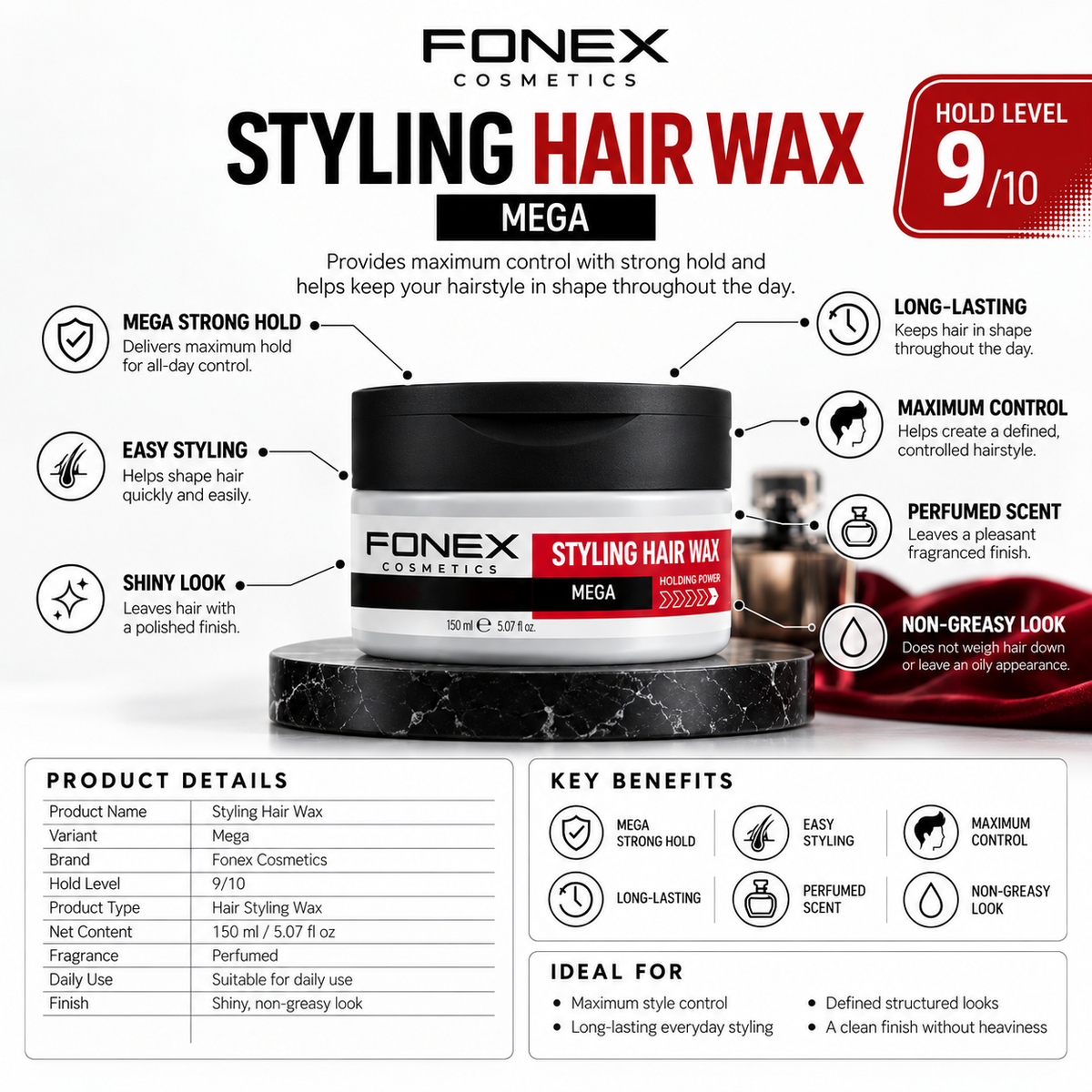 Fonex Mega Hair Wax 150ml Maximum Hold Professional Barber Styling Wax Hair Wax Fonex