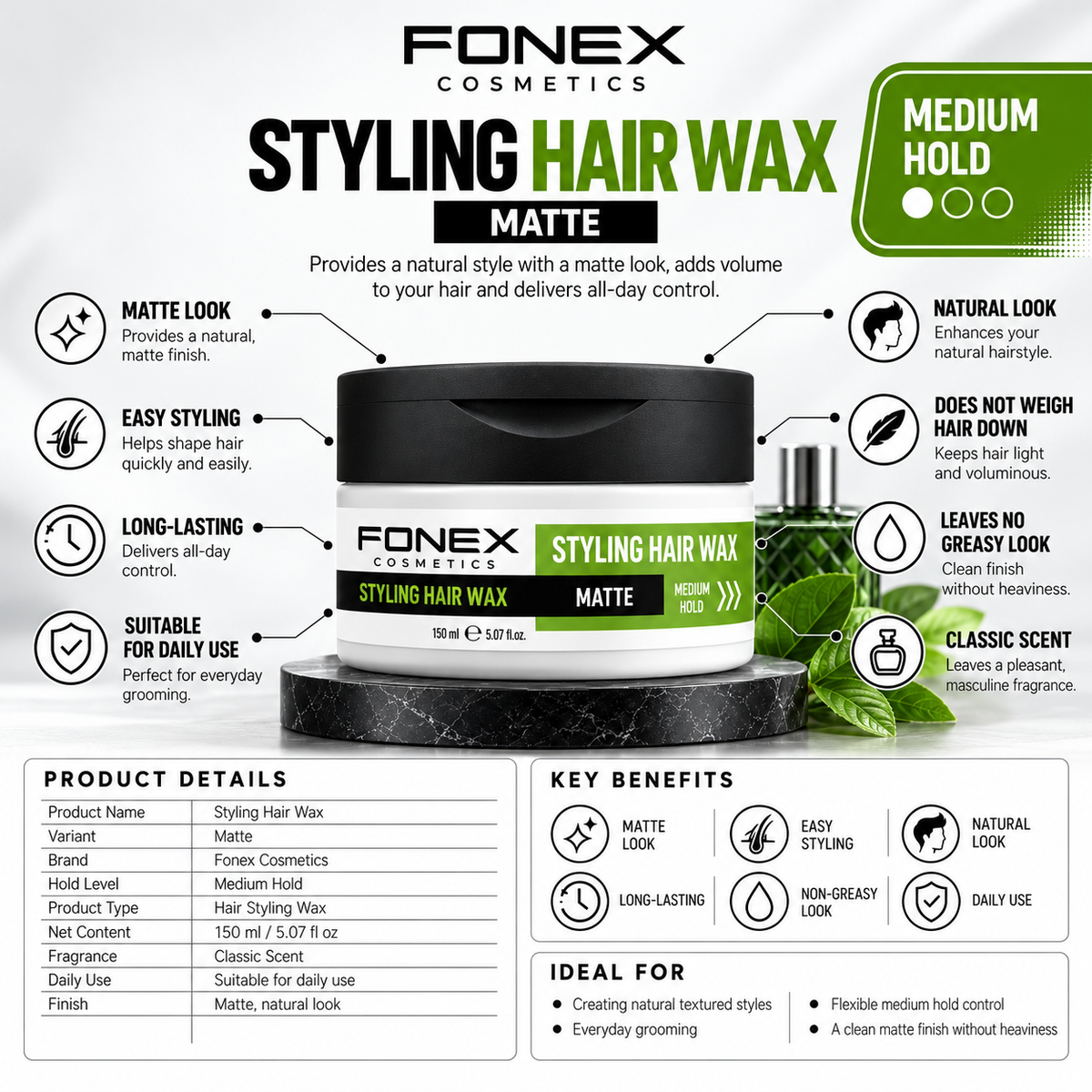 Fonex Styling Hair Wax Matte 150ml Strong Hold Matte Finish Barber Wax Hair Wax Fonex