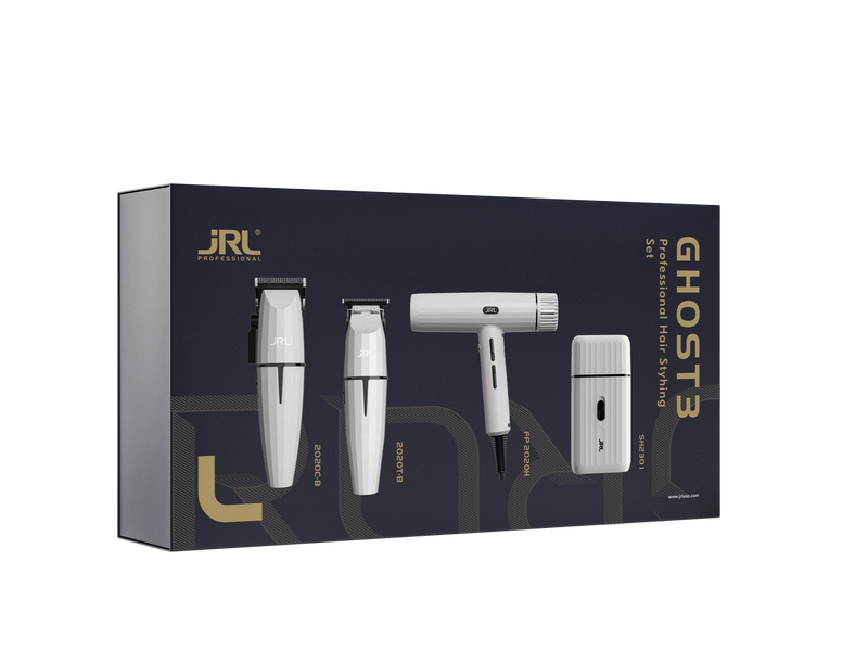 JRL Onyx White Ghost 3 Professional Clipper Trimmer Hair Dryer and Foil Quad Kit