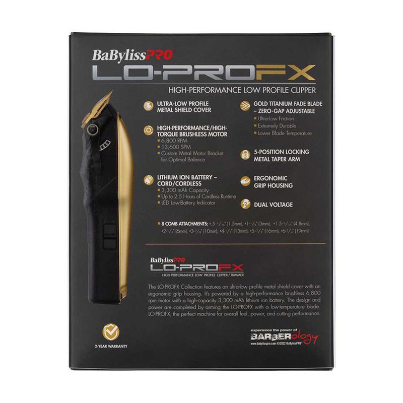 BaByliss LO-PRO FX Clipper Gold Packaging Back and Features