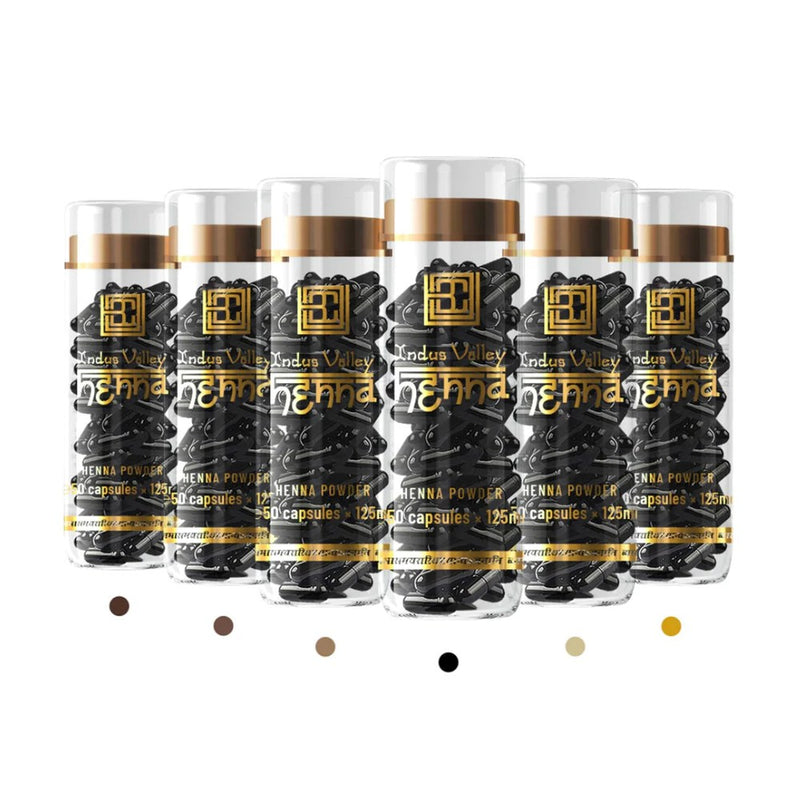 6x Henna Powder Capsules (50 Pack) - Black, Light Brown, Medium Brown, Natural brown, Ash Blonde & Blonde