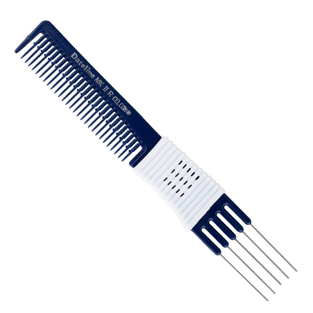 Dateline Professional Blue Celcon Teasing Comb with Rubber Grip & 5 Tails 7 1/2Inch MKIIR Stainless Steel Comb Dateline