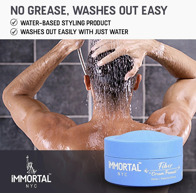 Immortal NYC Fibre Cream Pomade is water-based and washed out easily with water
